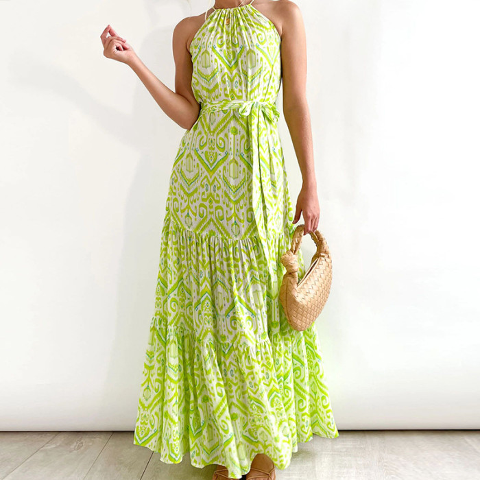 Fashion Casual Holiday Elegant Halter Neck Sleeveless Printed Maxi Dress