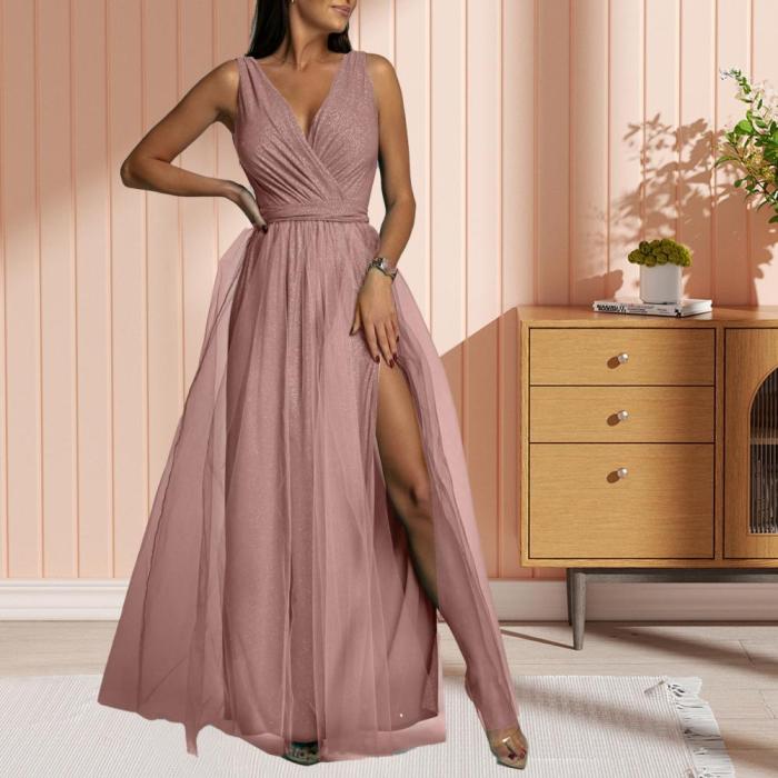 Fashion Sexy Formal V Neck Sleeveless Solid Color Prom Wedding Guest Dress