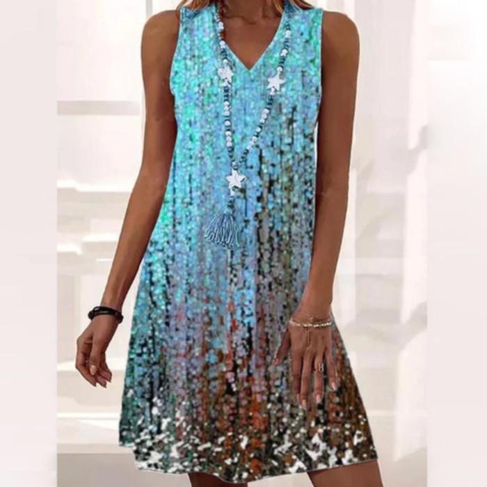 Summer Sleeveless Loose Gradient Print V Neck Casual Dress