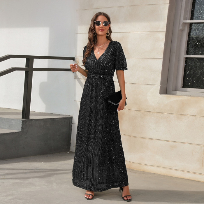 Fashion Party V Neck High Neck Slit Elegant Evening  Maxi Dress