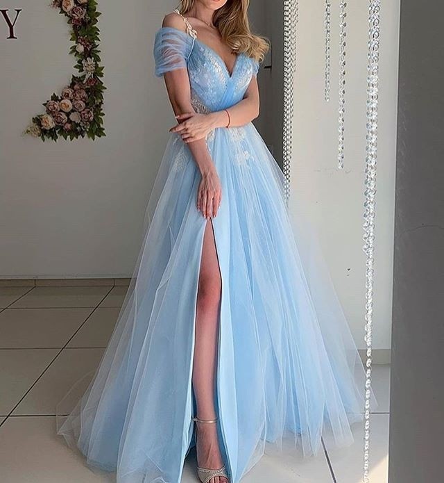 Fashion V Neck Slit Sexy Lace Evening Dress Prom Wedding Guest Dress