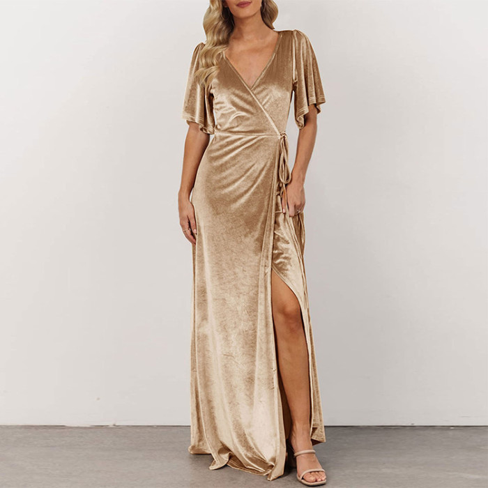 Fashion V Neck Slit Sexy Velvet Solid Color Party  Maxi Dress