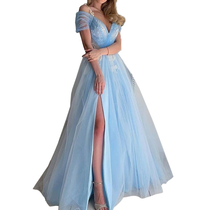 Fashion V Neck Slit Sexy Lace Evening Dress Prom Wedding Guest Dress