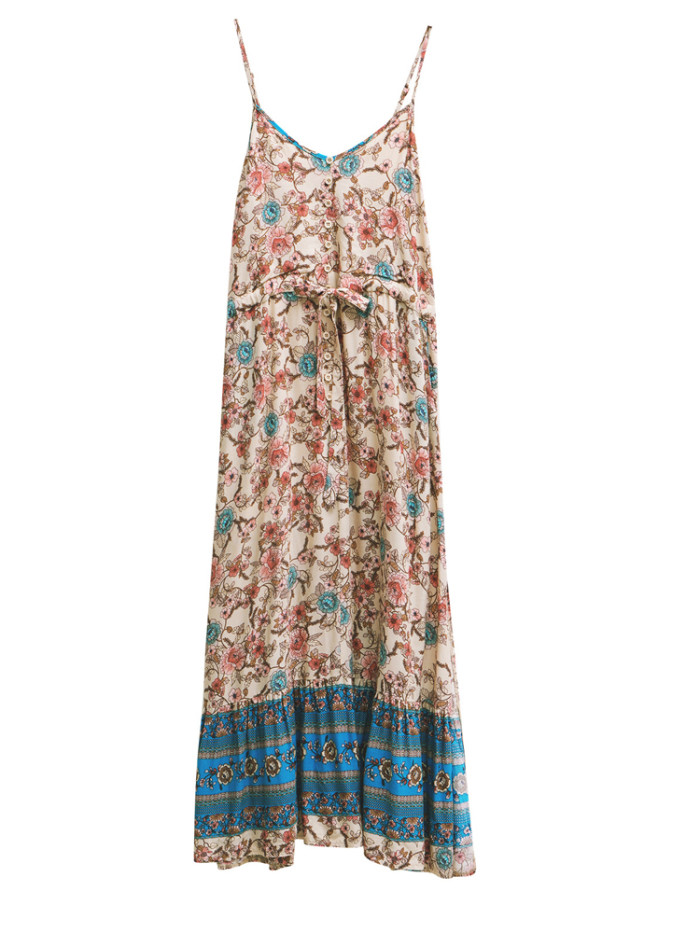 Trendy Bohemian Print Backless Sexy Beach Lace  Maxi Dress