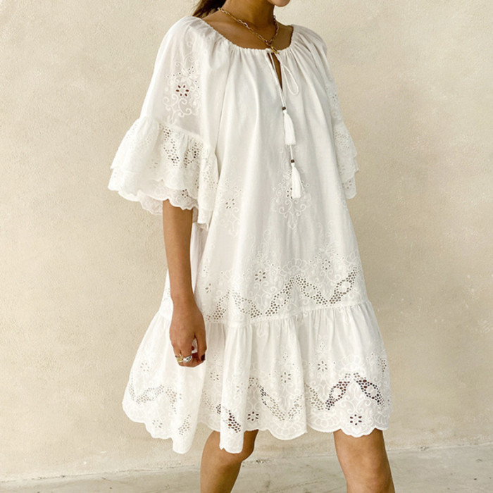 Summer Loose White Lace Hollow Embroidery Bohemian Wedding Guest Dress