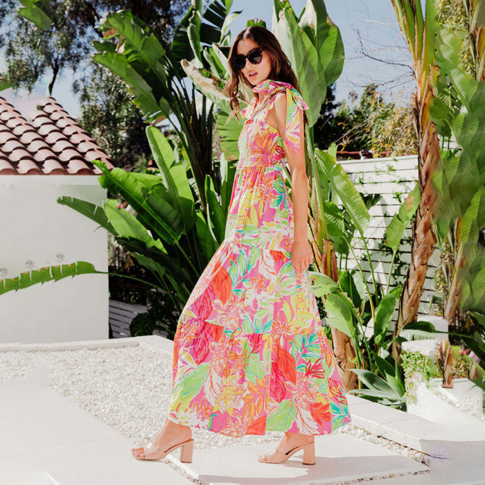 Fashion Pleated Print Sleeveless Bohemian High Waist Elegant Maxi Dress
