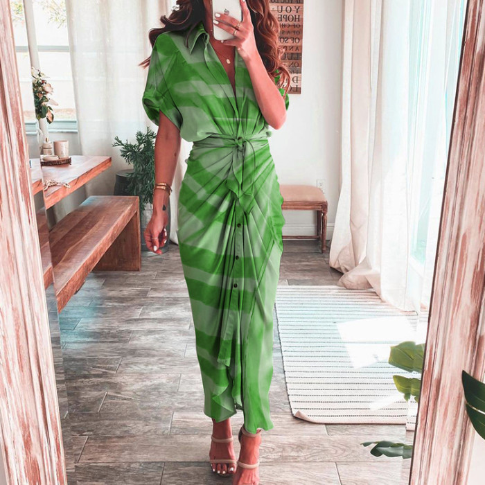 Women's Lapel Shirt Print Fashion Ruffle Solid Color Casual Maxi Dress
