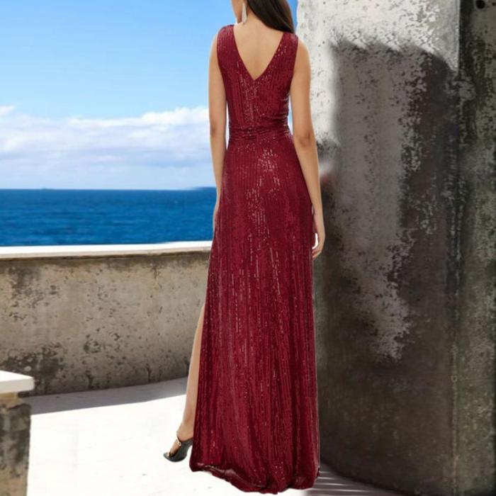 V Neck Sequin Cutout Party High Slit Backless Body Fit Elegant Wedding Guest Dress