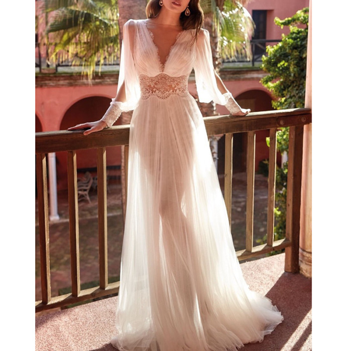 Summer Elegant Party Retro Sexy Long Sleeve Lace Tunic Wedding Guest Dress