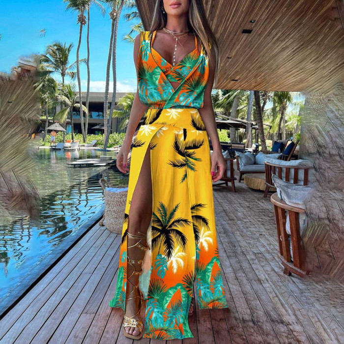 Deep V Neck Party Fashion Casual Sexy High Slit Boho Wedding Guest Dress