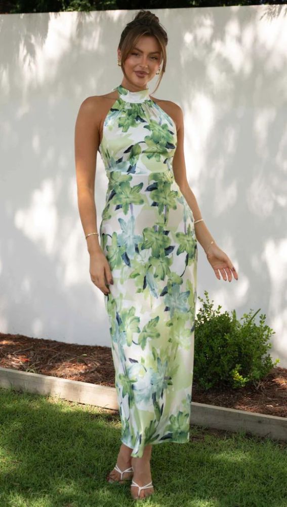 Women's Skinny Sleeveless Tie O Neck Elegant Slit Printed  Maxi Dress