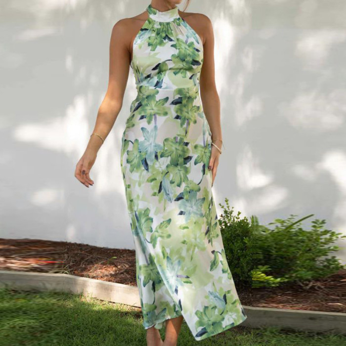 Women's Skinny Sleeveless Tie O Neck Elegant Slit Printed  Maxi Dress