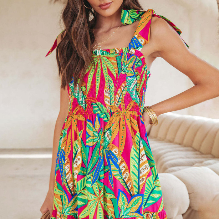 Fashion Pleated Print Sleeveless Bohemian High Waist Elegant Maxi Dress