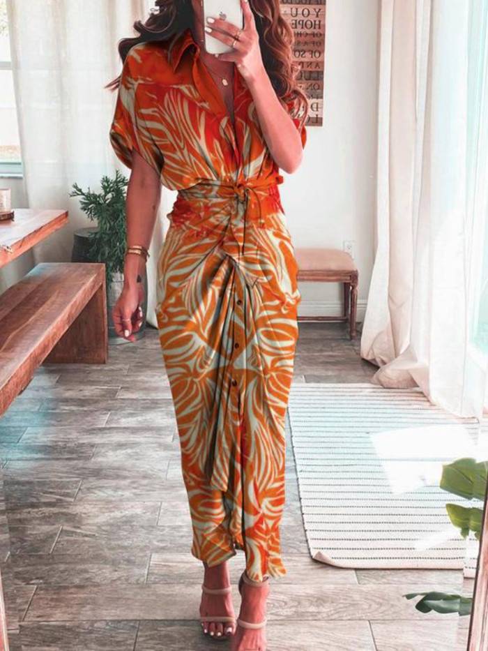 Women's Lapel Shirt Print Fashion Ruffle Solid Color Casual Maxi Dress