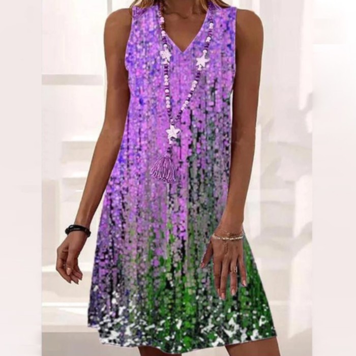Summer Sleeveless Loose Gradient Print V Neck Casual Dress