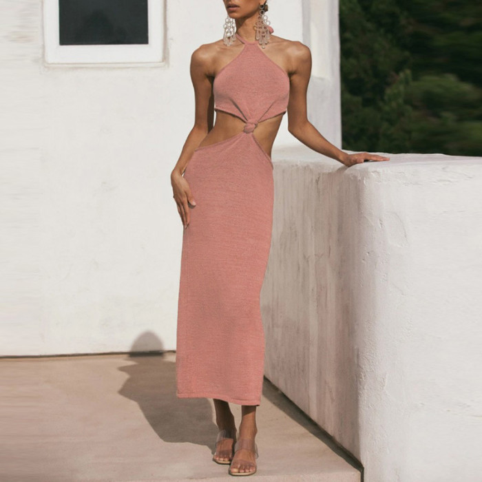 Women's Halter Neck Hollow Solid Color Sexy Backpack Maxi Dress