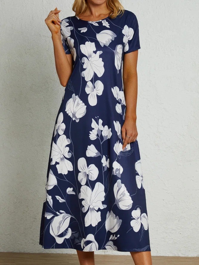 Women's Fashion Loose A-Line Short Sleeve Printed  Maxi Dress