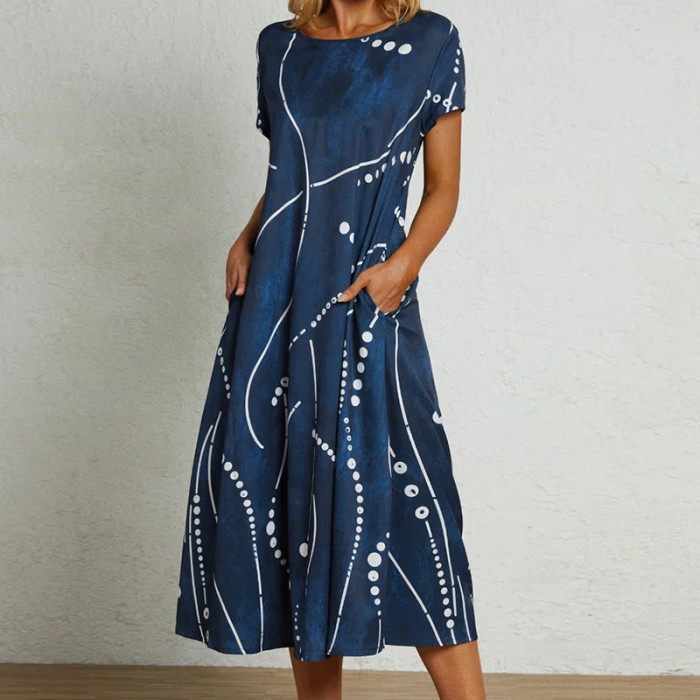 Women's Fashion Loose A-Line Short Sleeve Printed  Maxi Dress