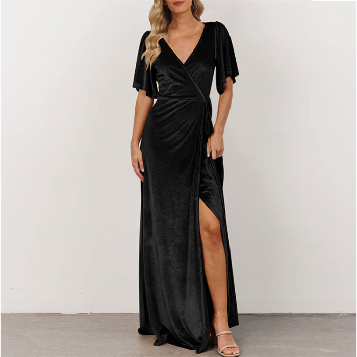Fashion V Neck Slit Sexy Velvet Solid Color Party  Maxi Dress