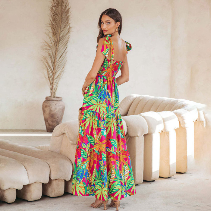 Fashion Pleated Print Sleeveless Bohemian High Waist Elegant Maxi Dress