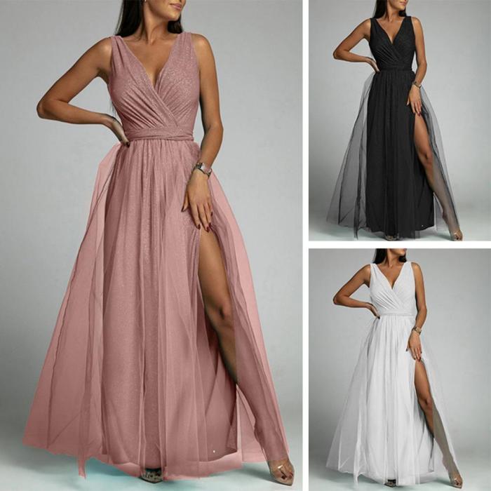 Fashion Sexy Formal V Neck Sleeveless Solid Color Prom Wedding Guest Dress