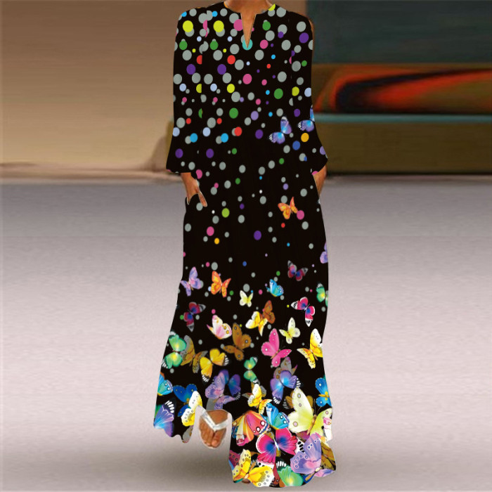 Women's Fashion V Neck Long Sleeve Pocket Print Loose  Maxi Dress