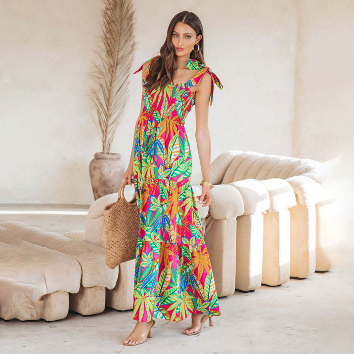 Fashion Pleated Print Sleeveless Bohemian High Waist Elegant Maxi Dress