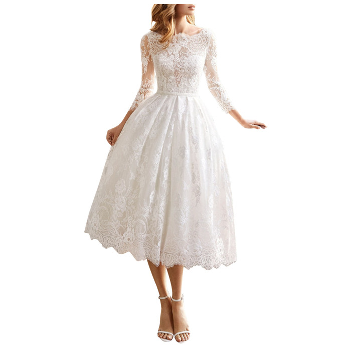 Fashion Lace Solid Color Long Sleeve A-Line Sexy Party Elegance Wedding Guest Dress