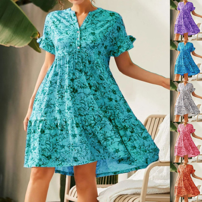 Deep V Neck Button Print Loose Bell Sleeve A-Line  Casual Dress
