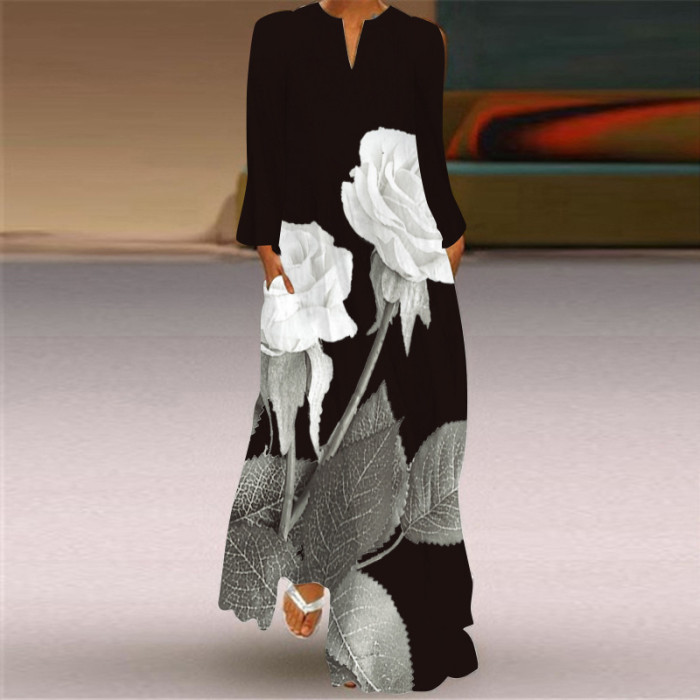 Women's Fashion V Neck Long Sleeve Pocket Print Loose  Maxi Dress