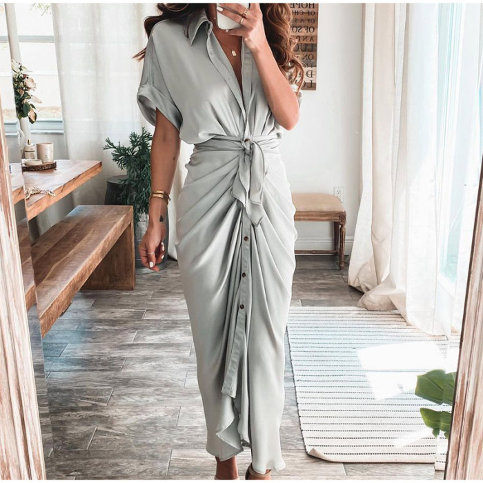 Women's Lapel Shirt Print Fashion Ruffle Solid Color Casual Maxi Dress