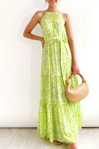 Fashion Casual Holiday Elegant Halter Neck Sleeveless Printed Maxi Dress