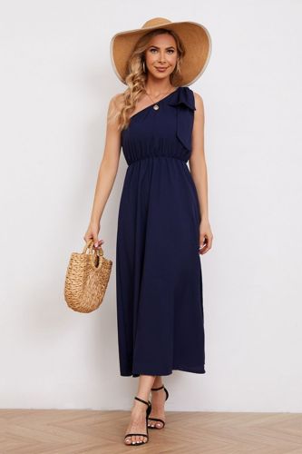 Retro One Shoulder Strap Bow Slant Collar Sleeveless Party Maxi Dress