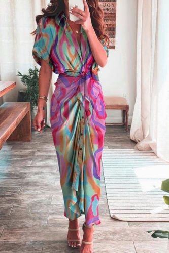 Women's Lapel Shirt Print Fashion Ruffle Solid Color Casual Maxi Dress