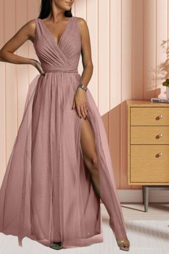 Fashion Sexy Formal V Neck Sleeveless Solid Color Prom Wedding Guest Dress