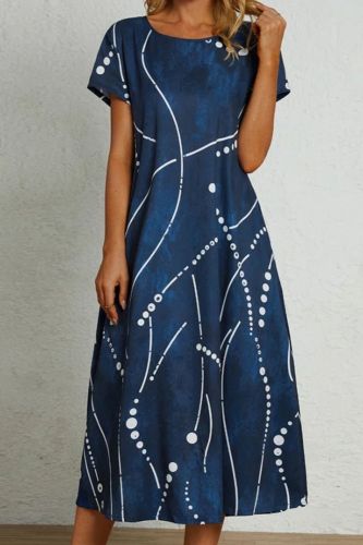 Women's Fashion Loose A-Line Short Sleeve Printed  Maxi Dress