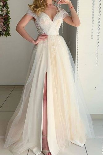 Fashion V Neck Slit Sexy Lace Evening Dress Prom Wedding Guest Dress