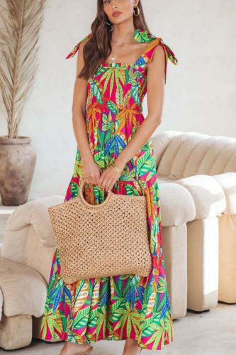 Fashion Pleated Print Sleeveless Bohemian High Waist Elegant Maxi Dress