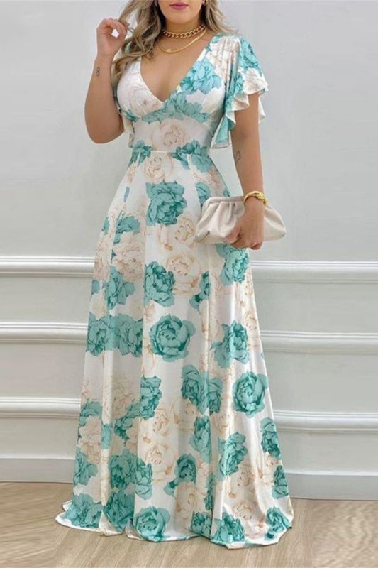 Elegant Women Fashion Floral Sexy V Neck Printed Wedding Guest Dress