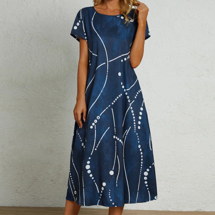 Women's Fashion Loose A-Line Short Sleeve Printed  Maxi Dress