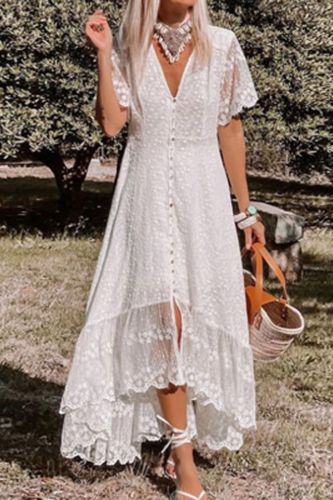 Sexy Deep V Neck Embroidered Elegant Casual Lace Sexy Falbala Maxi Dress