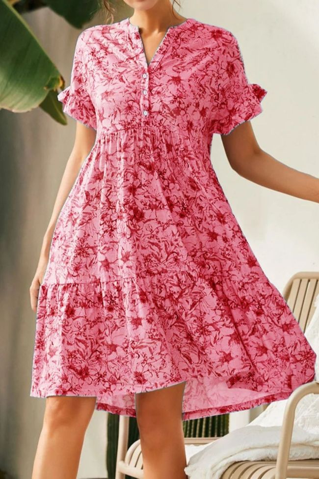 Deep V Neck Button Print Loose Bell Sleeve A-Line  Casual Dress