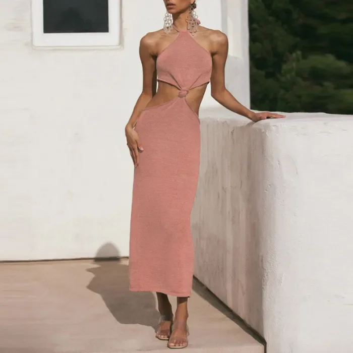 Women's Halter Neck Hollow Solid Color Sexy Backpack Maxi Dress
