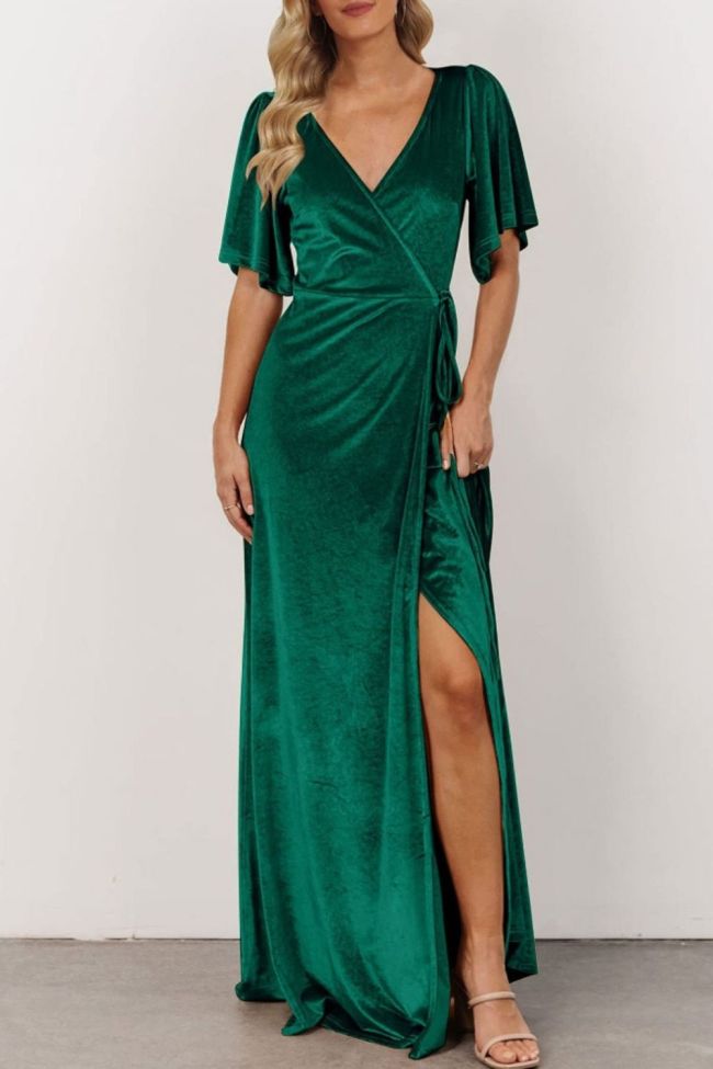 Fashion V Neck Slit Sexy Velvet Solid Color Party  Maxi Dress