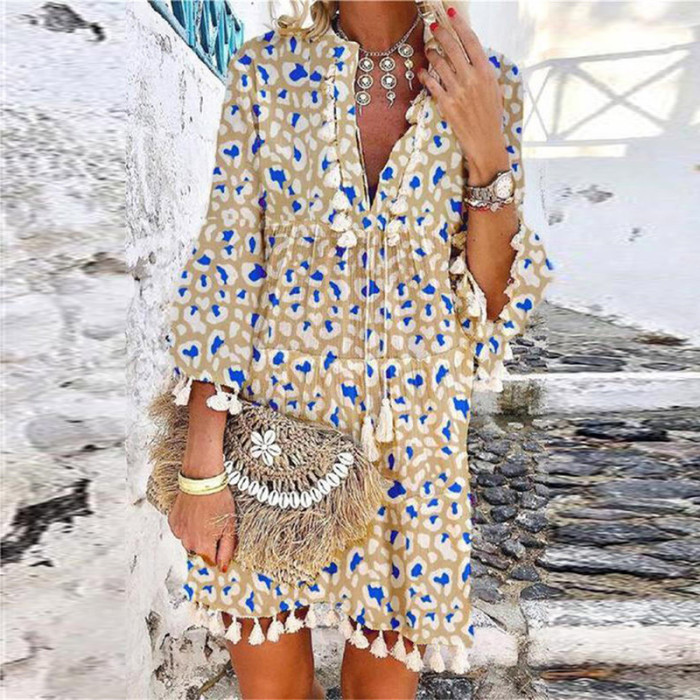 Vintage Print V Neck Tassel Mini Casual Loose Party Dress