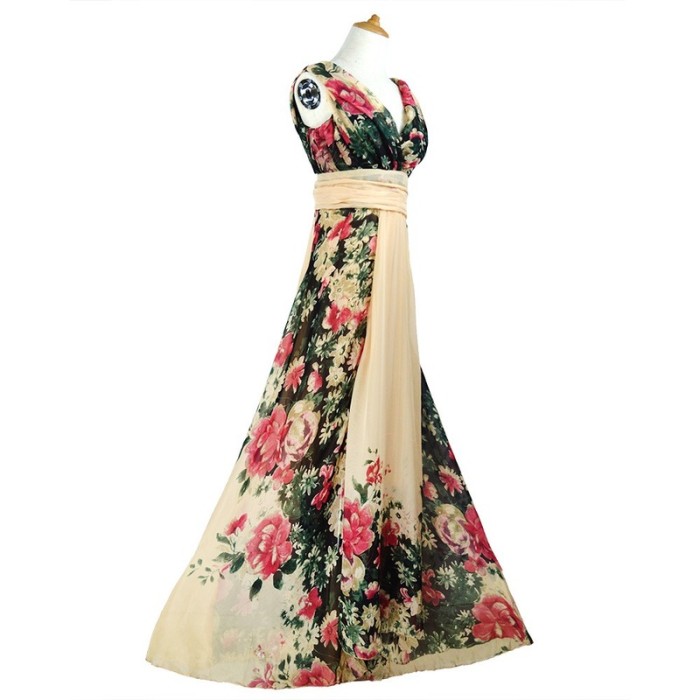 Floral Print V Neck Sleeveless High Waist Slim  Wedding Guest Dress
