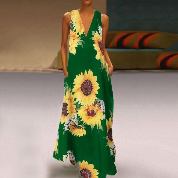 Boho Casual V Neck Pocket Sleeveless Print Loose  Maxi Dress