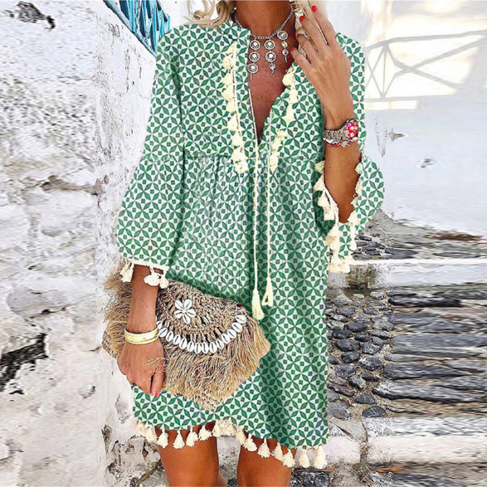 Vintage Print V Neck Tassel Mini Casual Loose Party Dress