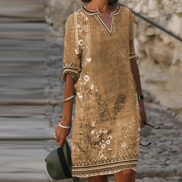 Vintage Pattern Fashion Mini Ethnic Print Casual V-Neck Dress