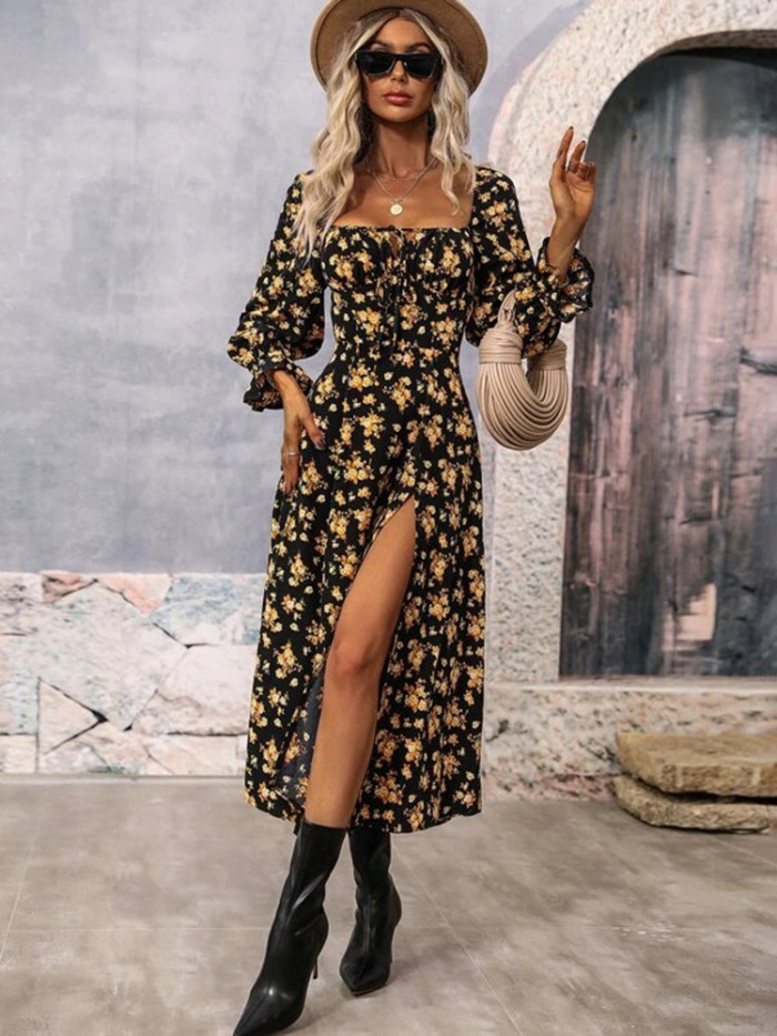 Sexy Retro Print Lace Up Holiday Fashion Long Sleeve High Waist Maxi Dress